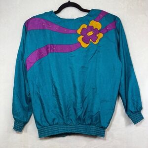 Vintage 80s Cervelle L Blouse Teal Purple Flower Sequin Kidcore Bold Funky USA